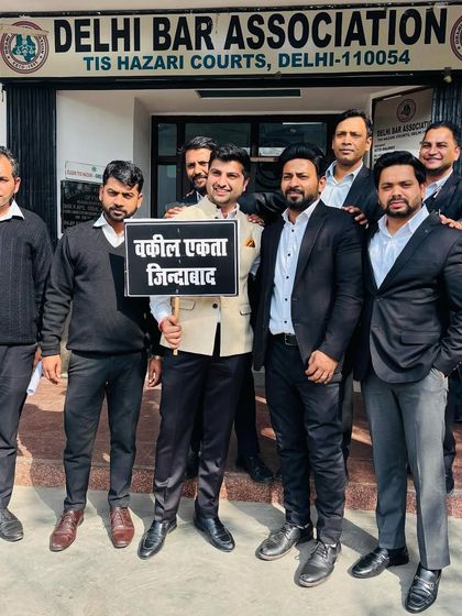 Standing for advocate unity ("Vakil Ekta Zindabad") outside the Delhi Bar Association. I will always protest against unjust bills and stand for the autonomy of our profession.