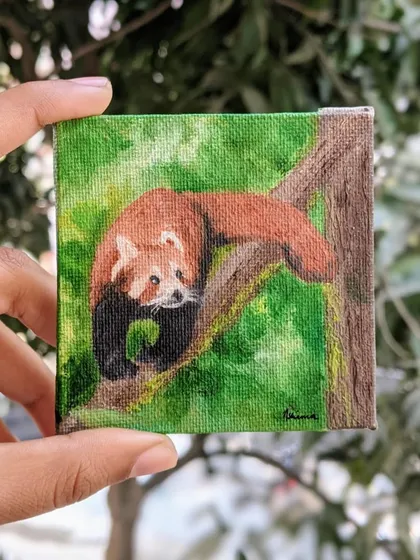 I was so happy painting this little guy. This is a miniature oil portrait of a Red Panda I saw on my trip to Darjeeling. Capturing the curious look in its eyes on a small 3x3 inch canvas was a fun challenge. I would love to paint your favorite animal too.