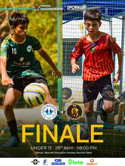 The finale is set. A matchday poster for the U13 Youth Championship final between Total FA and Vasai Virar United.