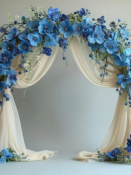 Another variation of our blue floral arch, this design is perfect for framing a stage or entrance with elegance and a pop of unique color.