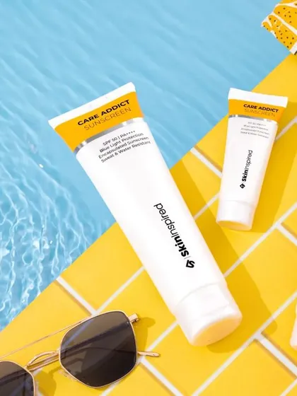 A fun, poolside-themed flatlay for a sunscreen launch. We used yellow tiles, sunglasses, and a water-filled tray to create a bright, summery vibe that instantly communicates the product's purpose.