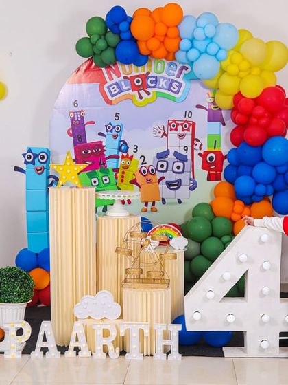 A thrilling 'Avengers' themed birthday party, with superhero cutouts, a cityscape backdrop, and dynamic balloon arrangements, ready for action.