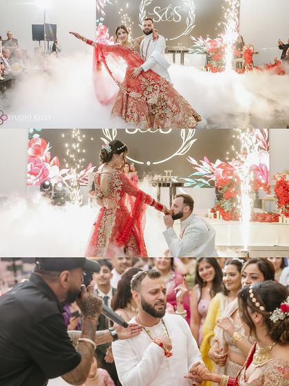 A collage of high-energy moments from the wedding celebration, including the couple's dramatic entrance with cold pyro and lively dancing with guests.