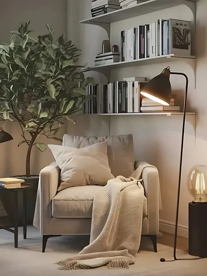 I believe every home needs a cozy corner for reading and relaxing. This nook features a plush armchair, a soft throw, and focused lighting from a modern floor lamp, creating the perfect personal retreat within your living space.