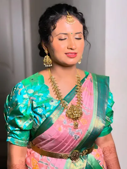 A shot with eyes closed to show the soft, shimmery eyeshadow.