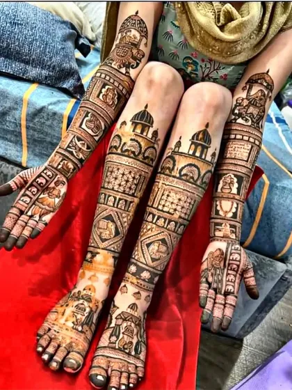 A full bridal set combining portraits with traditional palace and elephant motifs on the arms and legs.