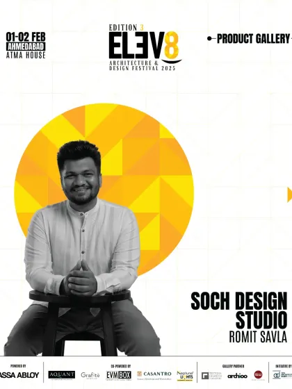 An announcement for my participation as a Product Gallery Exhibitor at the ELEV8 Architecture & Design Festival, showcasing my 'Objects by Soch' furniture line.