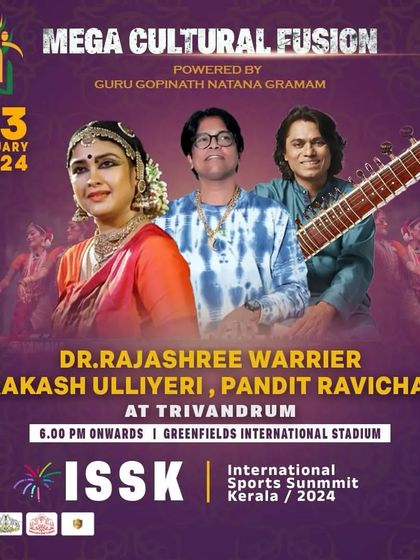 An invitation to a 'Mega Cultural Fusion' event in Trivandrum, where I performed alongside Keyboard Maestro Prakash Ulliyeri and Dr. Rajashree Warrier.
