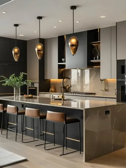 This luxurious open-plan kitchen features a large marble-finish island with a breakfast bar, handleless cabinets, and built-in appliances. The design emphasizes a sophisticated, modern aesthetic with high-end materials and pendant lighting.