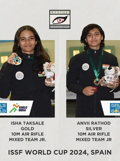 Our athletes Isha Taksale and Anvii Rathod secured Gold and Silver medals respectively in the 10m Air Rifle Mixed Team Junior event at the ISSF World Cup in Spain. It is a proud moment to see our shooters excel in team events.