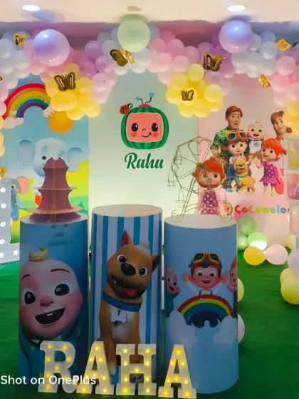 For the littlest partygoers, we bring their favorite shows to life. This Cocomelon theme is one of our most requested, featuring JJ and his friends, a rainbow balloon arch, and personalized light-up letters for the birthday child.