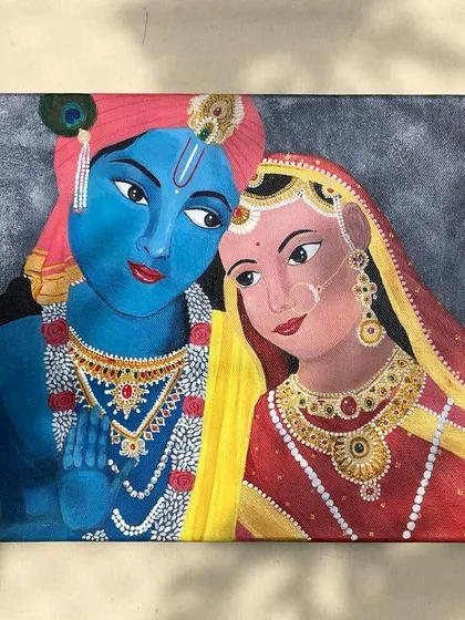 A close-up look at a Radha Krishna portrait, focusing on the tender expressions and detailed ornamentation. I use fine brushes to capture the intricate jewelry and fabric patterns, bringing their eternal love story to life.