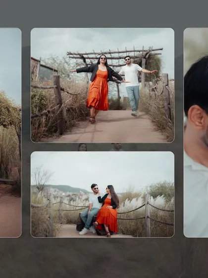A collage from a pre-wedding shoot in a rustic, natural park. The wooden walkway and tall pampas grass provide a beautiful, earthy backdrop for casual and romantic photos.