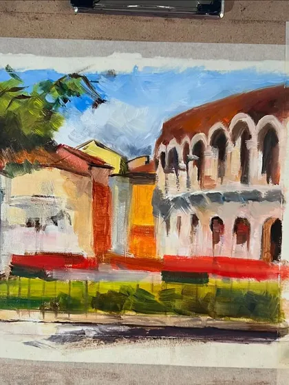 The Verona painting developing further, with more defined shapes and colors. This piece is an 8x10 oil on linen.