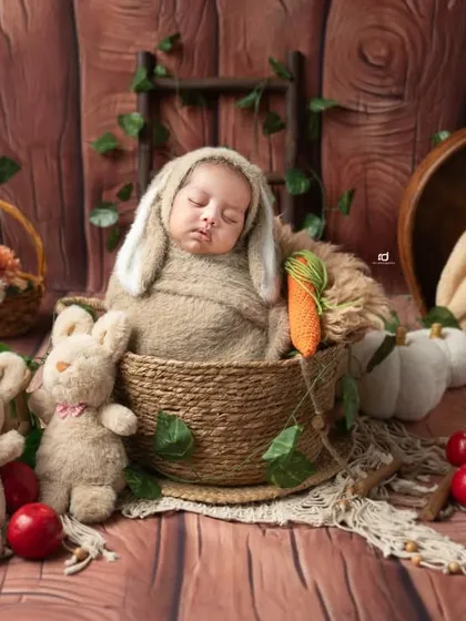 This wide shot shows the full woodland bunny theme, with baskets, pumpkins, and lots of greenery.