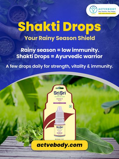 The rainy season often means low immunity, but Shakti Drops are your Ayurvedic warrior. This image of the product in a lush, green setting emphasizes its natural power to provide strength, vitality, and protection.
