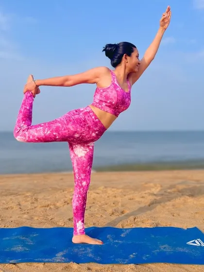 Salty hair, sandy toes, and a peaceful soul. Practicing Natarajasana in paradise, feeling the grace and power of the pose.