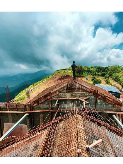 A view from our construction site in Vagamon, where we are building a resort overlooking the hills. This image captures the challenges and beauty of our hands-on process, ensuring our design vision is realized even in the most demanding locations.