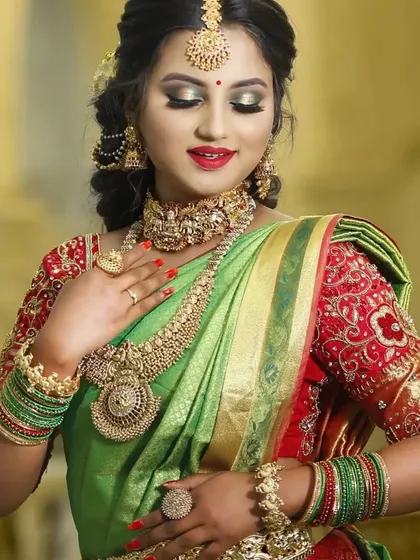 A series of photos showing a bride in a green saree with our stunning temple jewellery. The different poses highlight the choker, haram, bangles, and maang tikka.