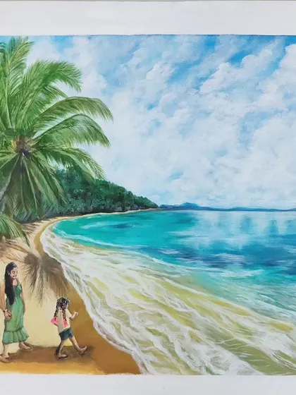 I love working with families to turn a cherished memory into a timeless piece of art. This commissioned painting, "Beach Panorama," was created from a family's vacation photos. We worked together to capture the feeling of a perfect day, from the light on the water to the joy in their steps.