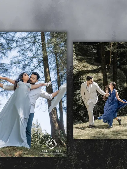 A collage of dynamic and joyful moments in the forest. The couple is seen running and dancing, their movements full of energy and happiness, perfectly captured in the natural light.