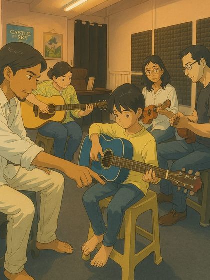 Doing it Ghibli style. An anime inspired illustration of a group guitar class at our studio, capturing the warmth and focus of our learning environment.
