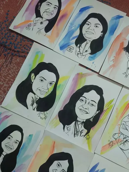 A final shot of the collection of caricature artworks. This service is available for corporate functions, parties, and other events where you want to provide a fun, artistic experience.