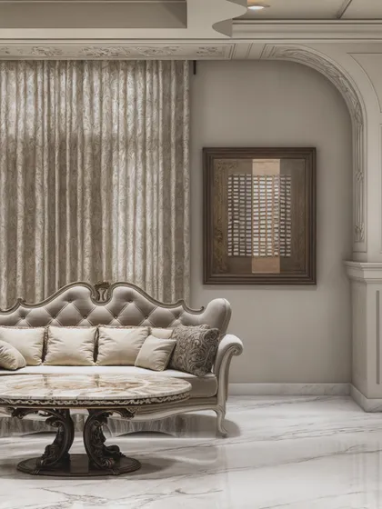 A classical living room with ornate, tufted sofas and a heavy, carved marble coffee table. The render captures the essence of traditional European luxury.