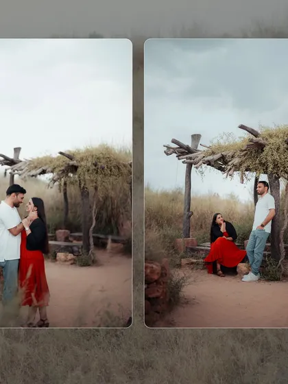 More poses from the same nature park shoot, showing the couple interacting naturally under a rustic wooden canopy.