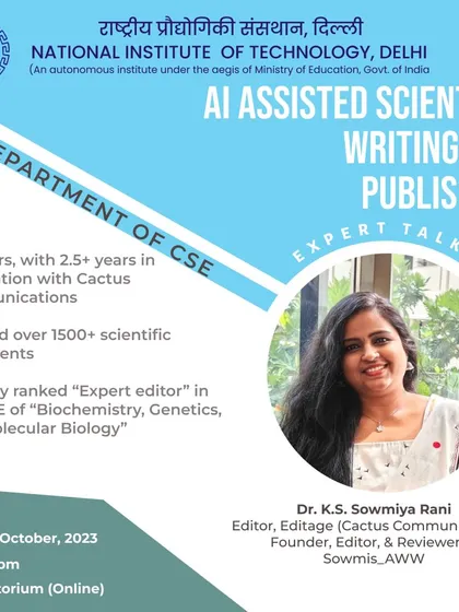 Being invited to give an expert talk at a prestigious institution like the National Institute of Technology, Delhi, was a true honor. This poster highlights my experience, having edited over 1500 scientific documents and being recognized as an expert editor in Biochemistry and Molecular Biology. It's this deep experience I bring to every manuscript.