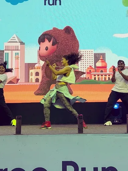 On stage with my incredible co-instructors for the Salesforce Run 2024. We work together to deliver a seamless and professional dance fitness experience, ensuring the energy never drops during a corporate event.
