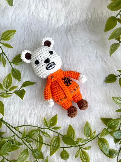 Bepo from the anime One Piece! This little bear in his orange jumpsuit was a tricky design to get right in a small size, but I'm so happy with how this anime character doll turned out.