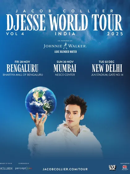 The official poster for the Jacob Collier Djesse World Tour in India, with dates for Bengaluru, Mumbai, and New Delhi.