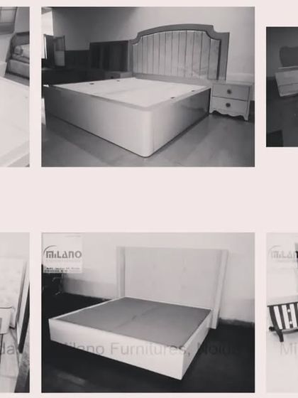 A black and white collage of some of our bestselling king-size beds. This image highlights the variety of headboard designs we offer, from geometric to classic tufted styles.