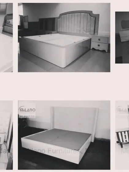 A collage of some of our bestselling king-size bed designs. This shows the variety we offer, from fully upholstered beds to high-gloss and solid wood frames.