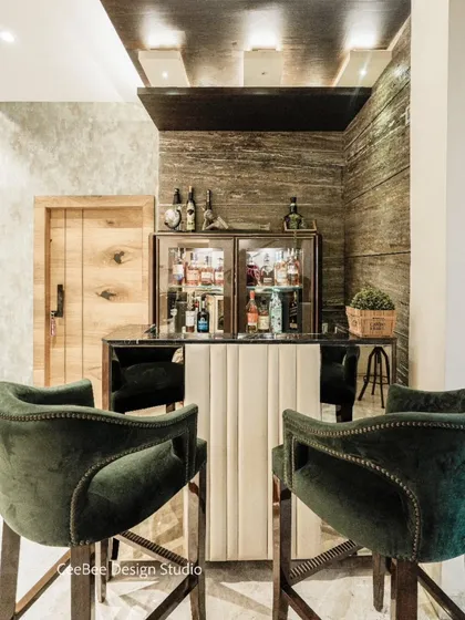 A close-up of the bar from image 88, highlighting the rich textures and sophisticated materials.