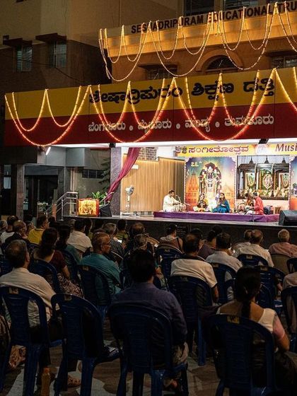 A wide view of the outdoor stage at the Ramotsava concert series. It's wonderful to perform for an audience gathered under the open sky, surrounded by the sounds of the city.