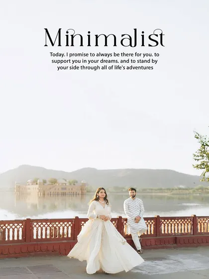 A serene and minimalist portrait at Jal Mahal, with a flowing white dress adding a touch of elegance to the tranquil scenery.