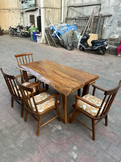 Another angle of the complete live-edge dining set.