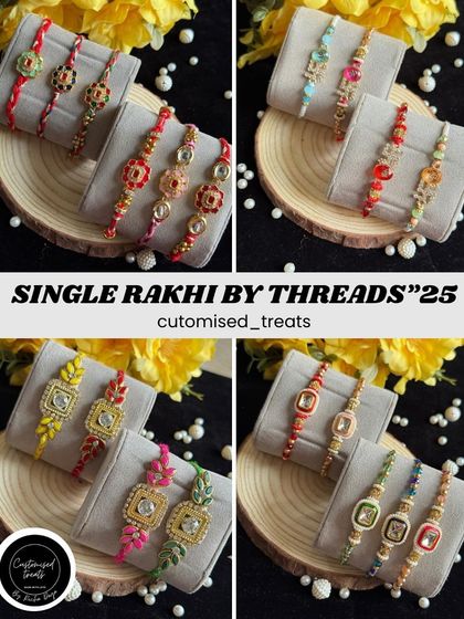 A showcase of my single rakhi designs, highlighting the intricate details of kundan work, enamel motifs, and personalized initial options available.