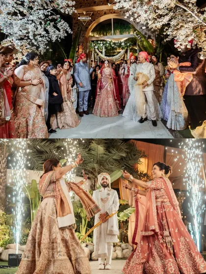 A collage capturing the energy of the wedding ceremony, from the groom's arrival to the couple's entry amidst sparklers.