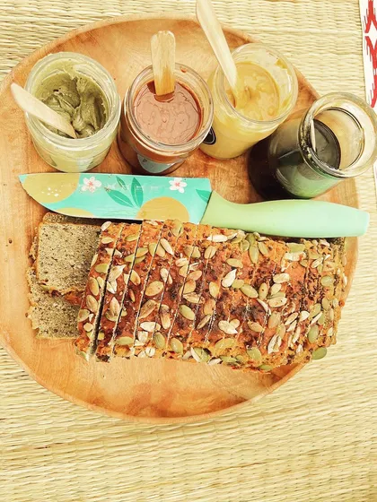 A perfect pairing of my sliced lentil bread with a variety of my sugar-free, preservative-free vegan nut butters. This is guilt-free indulgence at its best.