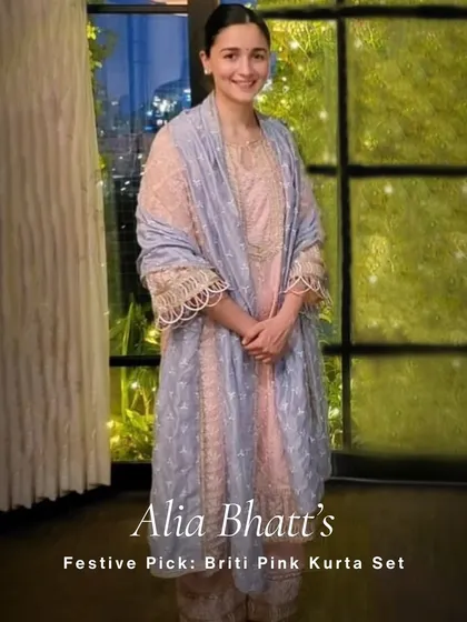 This is how you do relaxed festive wear. Alia Bhatt looks so graceful in my Briti Pink Kurta Set. The soft pastel tones and intricate detailing make it special enough for a small function, while the Supima fabric ensures you stay comfortable all day long.