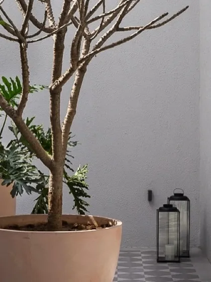 Another detail of the courtyard, where simple lanterns and a potted tree create a minimalist yet inviting atmosphere. These spaces provide a balance between the home's interior and the wider landscape outside.