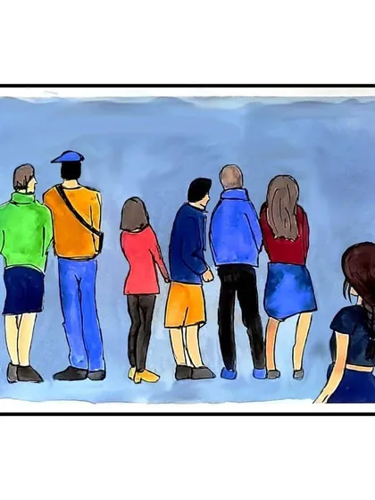 Inspired by the song "Sabse Peeche Hum Khade," this watercolor illustration depicts a feeling of being an outsider looking in. It’s a personal piece about how music can express feelings when our own words fail.