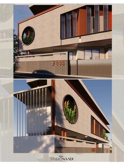 This composition shows how MS frames and louvers are integrated to ensure seamless airflow throughout the building. A circular opening with a planter adds an element of biophilic design, softening the modern facade.