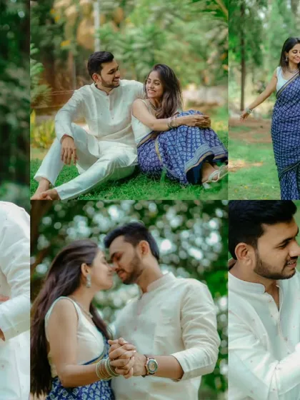 A beautiful collage summarizing a traditional pre-wedding shoot in a park. It showcases a variety of romantic, playful, and intimate moments between Umesh and Janhavi.