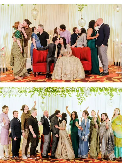 A collage from a cross-cultural wedding reception, showing the couple posing with their international group of family and friends.
