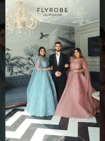 This collage showcases two stunning gowns, one in powder blue and one in pastel pink, perfect for sisters or bridesmaids.