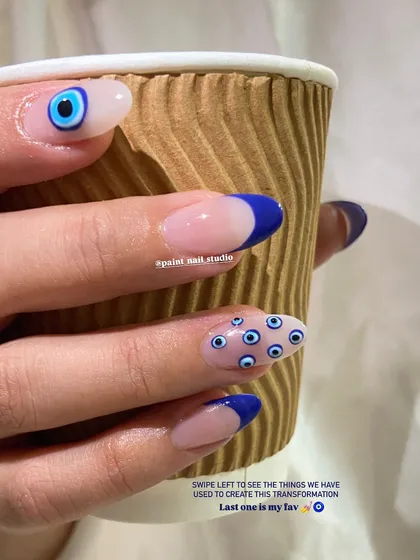 Keeping it trendy with this hand-painted evil eye set. I combined a sharp, cobalt blue French tip with accent nails featuring the protective symbol. It’s a modern, chic design that’s perfect for adding a pop of color and good vibes.